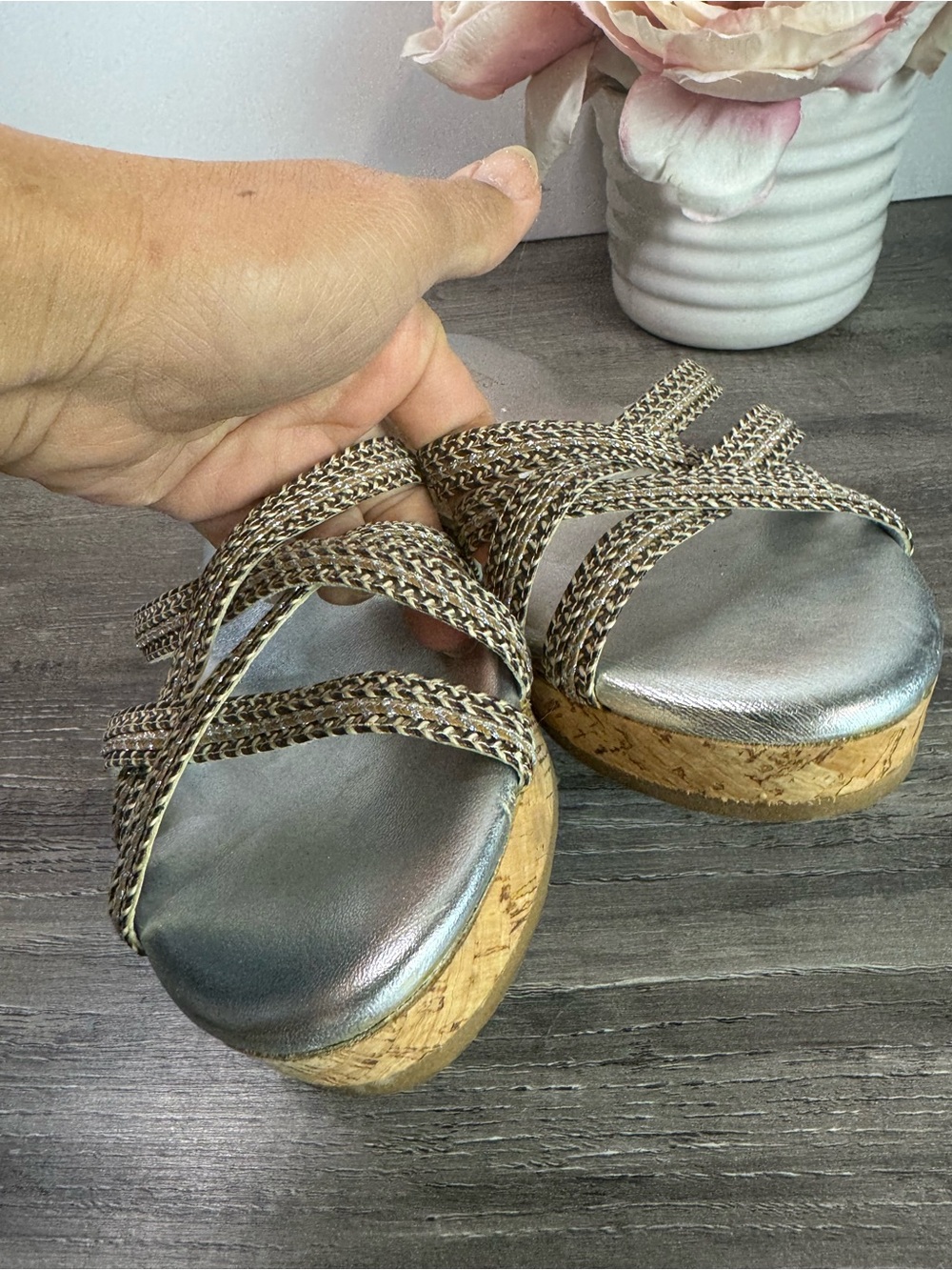 Eric Javits Raffia Metallic Braid cork wedge sandals size 7 - Picture 5 of 6